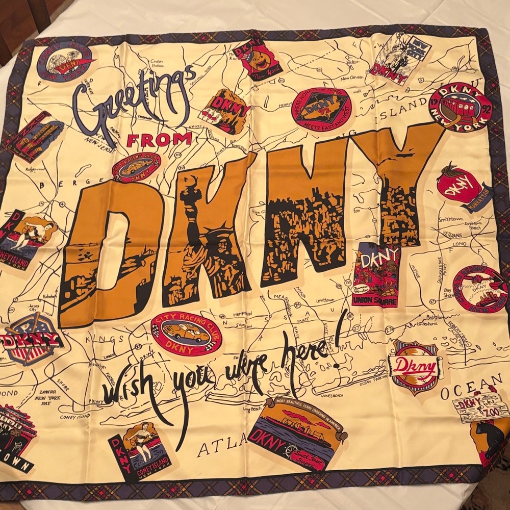 Iconic DKNY Vintage Cream Silk Scarf with Mustard Graphic 'DKNY' Lettering